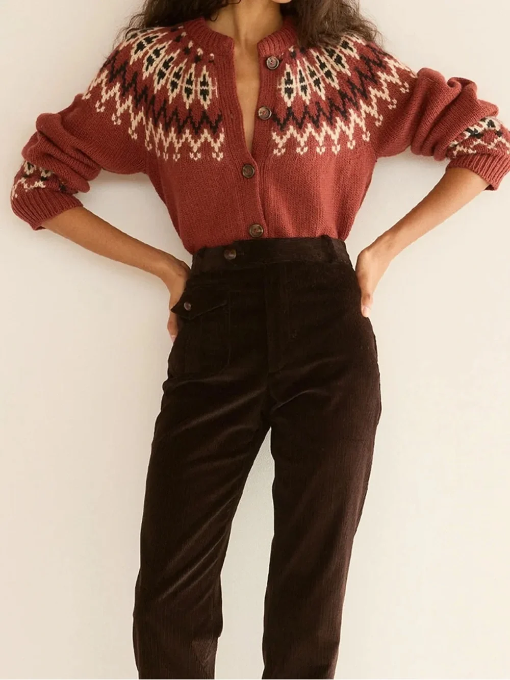 NWT Doen Clarke Wool Alpaca Button Cardigan Knit Sweater Burgundy Fair Isle Red